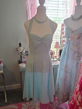 Vintage-Inspired Mint Green/ Sea Glass  Aqua Gingham Halter Midi Dress